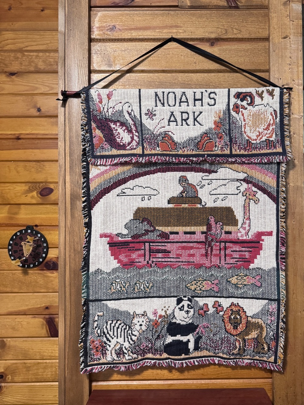 Vintage 1995 WTC Hanging Wall Decor Noah's Ark Woven Tapestry 29x24" Panda Lion